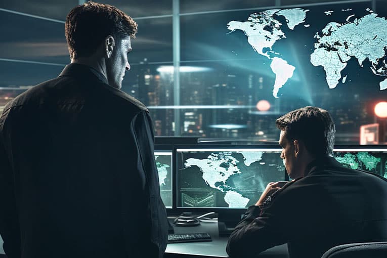 2 MI6 agents looking at a world map on a computer screen