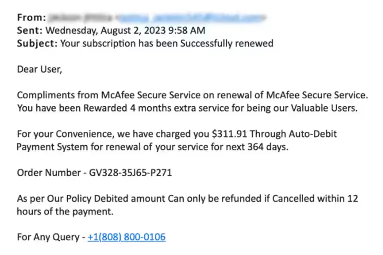 McAfee Fake Subscription Email